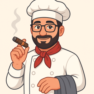 Illustrated portrait of Chef Marco, a friendly holiday chef holding a cigar and towel, representing Smoke Sip & Savor on ThinkCigar