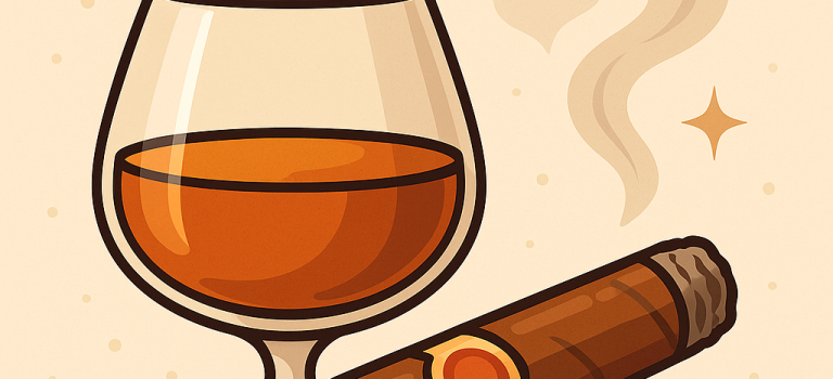 Illustrated bourbon glass with caramel tones beside a lit cigar, used for a holiday cigar and bourbon pairing on ThinkCigar