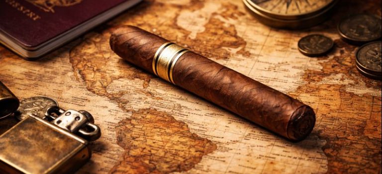 Cigar placed on a world map representing global cigar culture and traditions