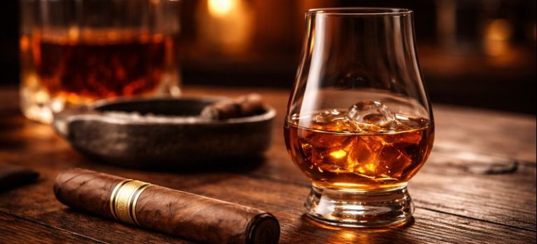 Bourbon glass and cigar on a wooden table representing pairing culture and cigar lifestyle.