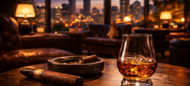A bourbon glass and cigar on a wooden table inside a lounge with the Atlanta skyline glowing through the windows at dusk, representing cigar lounge culture.