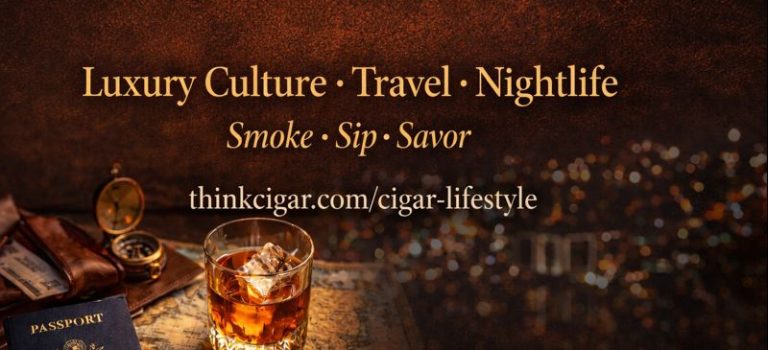 Luxury travel and culture still life with a passport, world map, and bourbon glass representing modern cigar lifestyle rituals