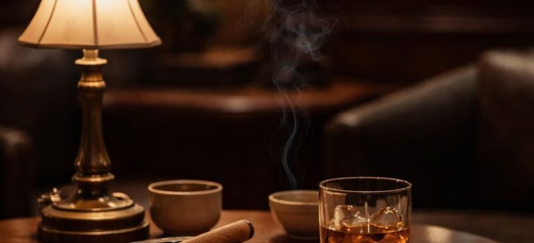Atmospheric lounge setting with cigar and whiskey reflecting the Smoke, Sip & Savor editorial series by ThinkCigar.