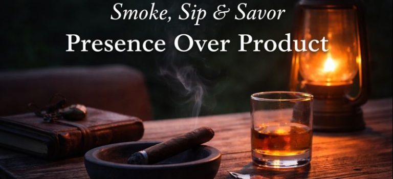 Cigar resting in an ashtray beside a glass of whiskey and lantern, capturing a quiet Smoke, Sip & Savor moment focused on presence.