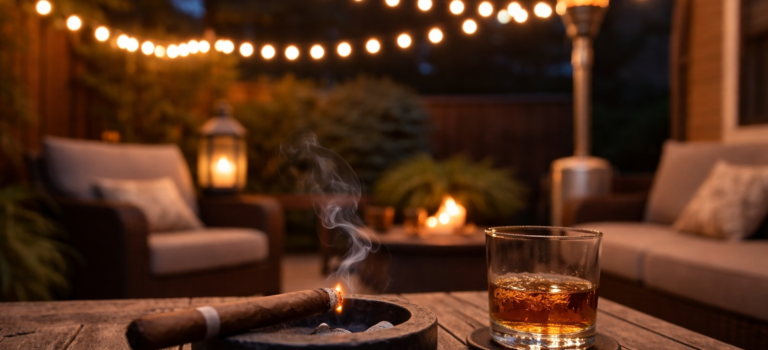Cozy backyard patio at twilight with a lit cigar in an ashtray, glass of whiskey, patio heater, and string lights creating a private American cigar ritual atmosphere.