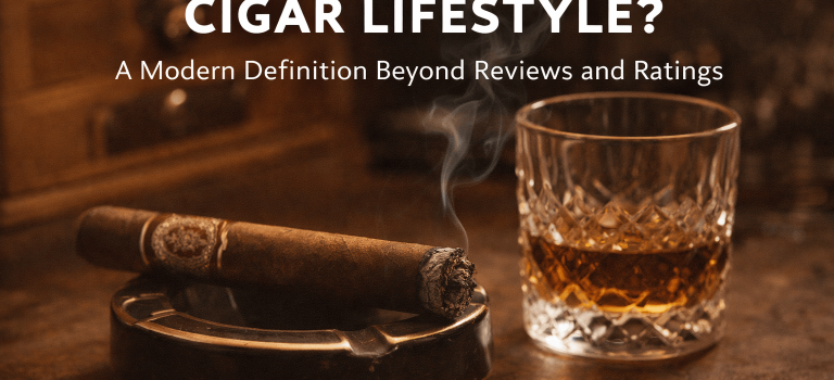 Lit cigar resting on an ashtray beside a glass of whiskey in warm ambient light, representing modern cigar lifestyle culture and ritual.