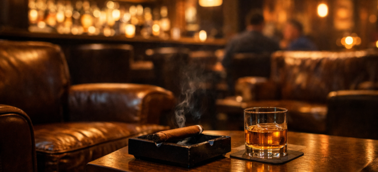 Upscale cigar lounge interior with warm lighting, leather seating, a whiskey glass, and a resting cigar creating a calm atmosphere worth returning to.