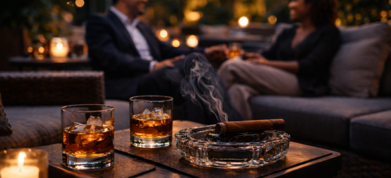 Upscale outdoor lounge at twilight with two whiskey glasses and a cigar in the foreground while an Asian man and African American woman relax in conversation in the background.