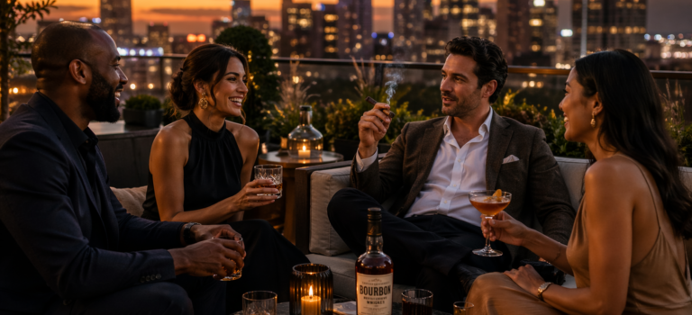 Stylish group of adults enjoying cocktails and conversation in an upscale rooftop lounge representing premium lifestyle culture and hospitality.