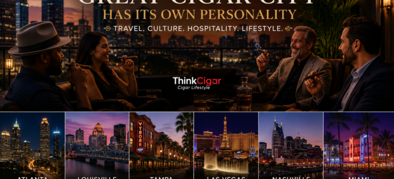 Why Every Great Cigar City Has Its Own Personality “Multicultural group enjoying cigars and bourbon on a rooftop lounge overlooking a city skyline representing cigar culture in Atlanta, Louisville, Tampa, Las Vegas, Nashville, and Miami.”