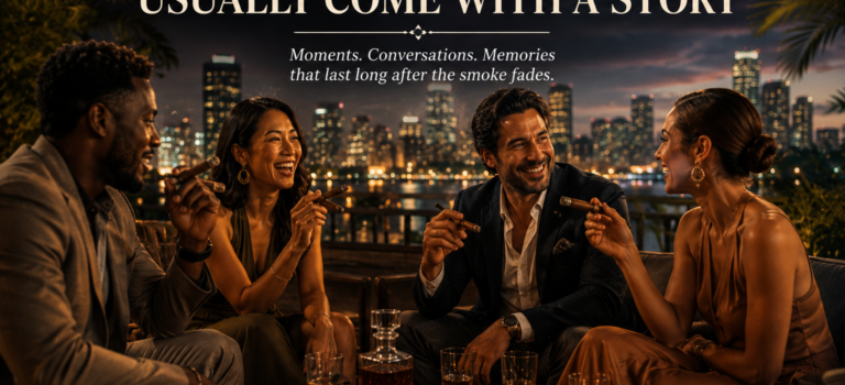 Four friends enjoying cigars and conversation during a relaxed evening outdoors with bourbon and warm lighting.