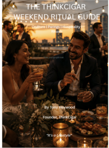 ThinkCigar Weekend Ritual Guide cover featuring a rooftop cigar lifestyle gathering with cocktails, hospitality, culture, pairings, and rituals.