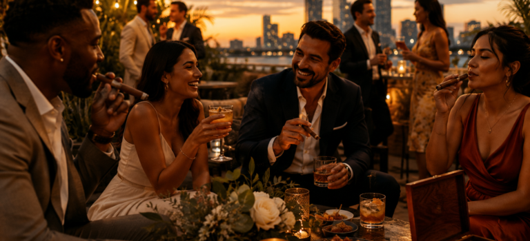 “Multicultural group enjoying cigars, cocktails, and food during a rooftop summer celebration at sunset