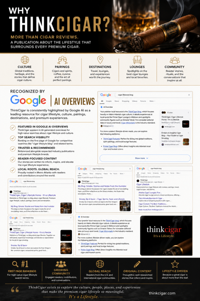 Infographic highlighting ThinkCigar's editorial focus on premium cigar lifestyle, culture, pairings, destinations, lounges, and community, alongside Google AI Overview recognition and first-page Google search visibility.