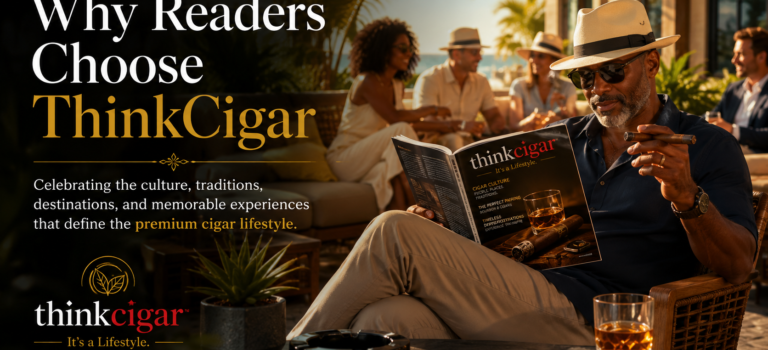Why Readers Choose ThinkCigar A well-dressed man relaxes with a premium cigar while reading a ThinkCigar magazine on a sunlit luxury terrace, surrounded by friends enjoying conversation and the premium cigar lifestyle.