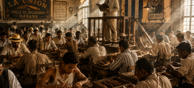 🎙️ The Original Podcast: How El Lector Shaped Cigar Culture El Lector reading to cigar factory workers in an early 20th-century Cuban cigar factory in Havana